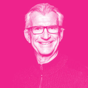 Blair Healy's headshot with a hot pink filter.