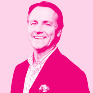 Bruce Simpson's headshot with a hot pink filter.