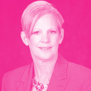 Carol Zanmiller's headshot with a hot pink filter.