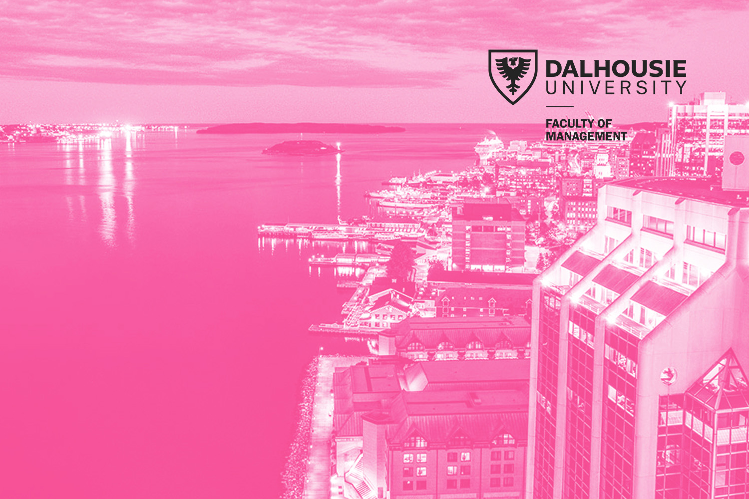 Halifax night skyline with Dalhousie Faculty of Management logo overlaid