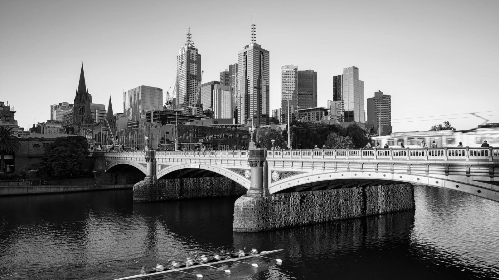 Melbourne city skyline in black and white