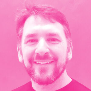 Chris Lewicki's headshot with a hot pink filter.
