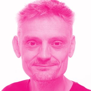 Cyril Goutte's headshot with a hot pink filter