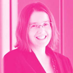 Dana Kulic's headshot with a hot pink filter.