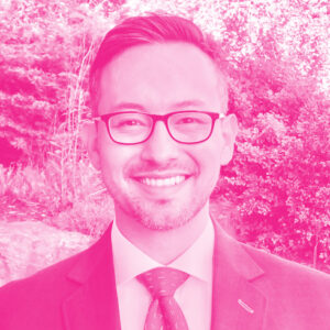 Diego Cantor's headshot with a hot pink filter.