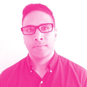 Eden Dhaliwal's headshot with a hot pink filter.