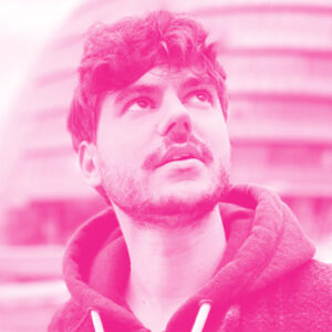 Fabio Pizzati's headshot with a hot pink filter.