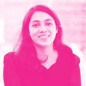 Fariha Imran's headshot with a hot pink filter.