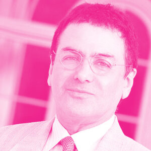 Firouz Naderi's headshot with a hot pink filter.