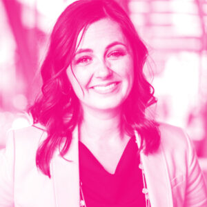 Jessica Kinman's headshot with a hot pink filter.