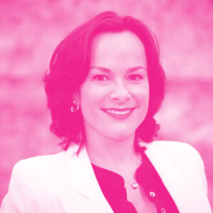 Lauren Epstein's headshot with a hot pink filter.