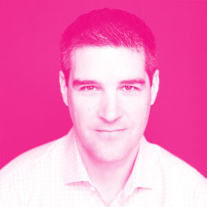 Marc-Antoine Ross' headshot with a hot pink filter.