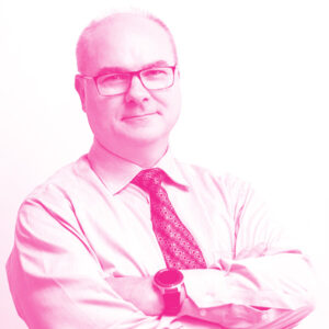 Marc Lijour's headshot with a hot pink filter.