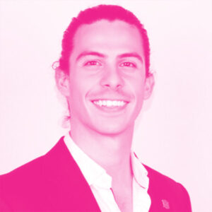 Marcello Globelli's headshot with a hot pink filter.