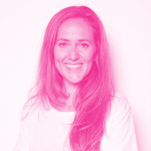 Marie-Eve Prevost's headshot with a hot pink filter.