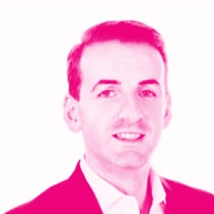 Nicholas Ibery's headshot with a hot pink filter.