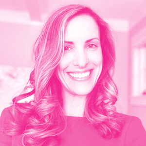 Niki Panich's headshot with a hot pink filter.