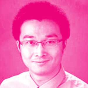 Peng Shi's headshot with a hot pink filter.