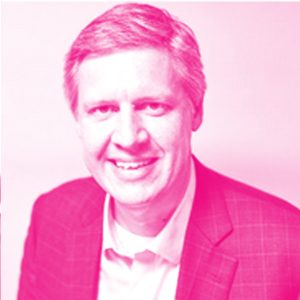 Ray Kruck's headshot with a hot pink filter.