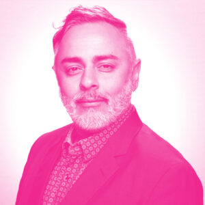 Ricky Mehra's headshot with a hot pink filter.