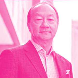 Roger Tang's headshot with a hot pink filter.