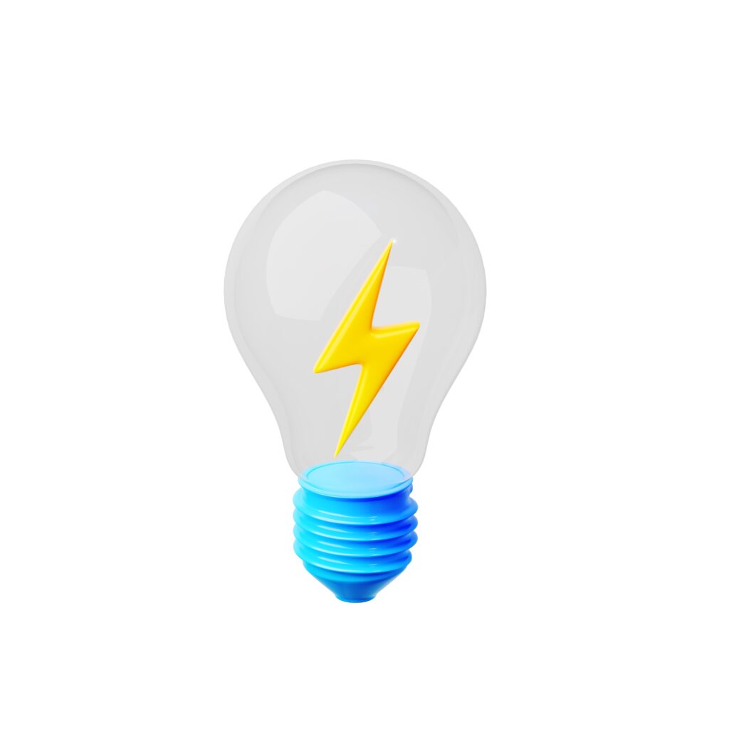 3D image of lightbulb with lightning bolt inside.