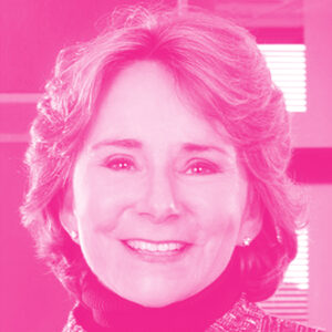 Sue Marks' headshot with hot pink filter.