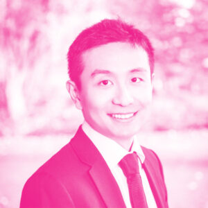 Yizhou Jin's headshot with a hot pink filter.