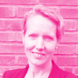 Rhiannon Davies' headshot with a hot pink filter.