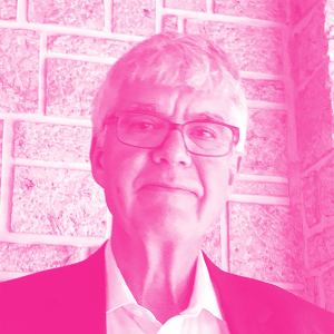 Ron Bridges' headshot with a hot pink filter.